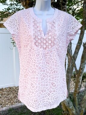 Isaac Mizrahi Live Pink Lace Eyelet Blouse Short Sleeve Feminine Top Medium
